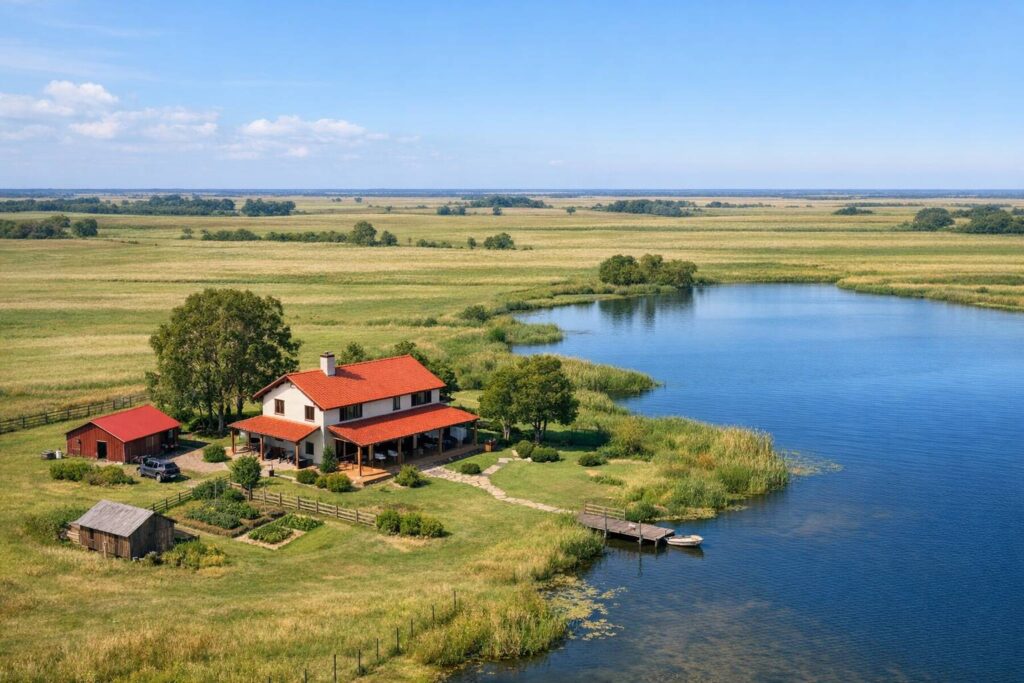 Una casa de campo con mucho terreno al rededor y una laguna cercana. Sin montañas.