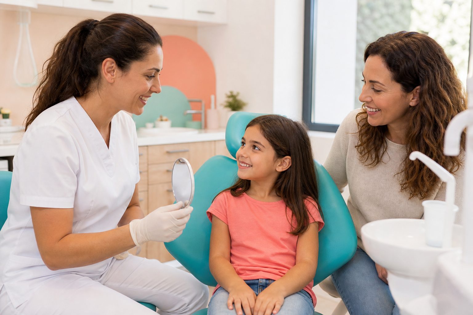 Odontopediatra conversando con una niña y su madre en una clínica dental