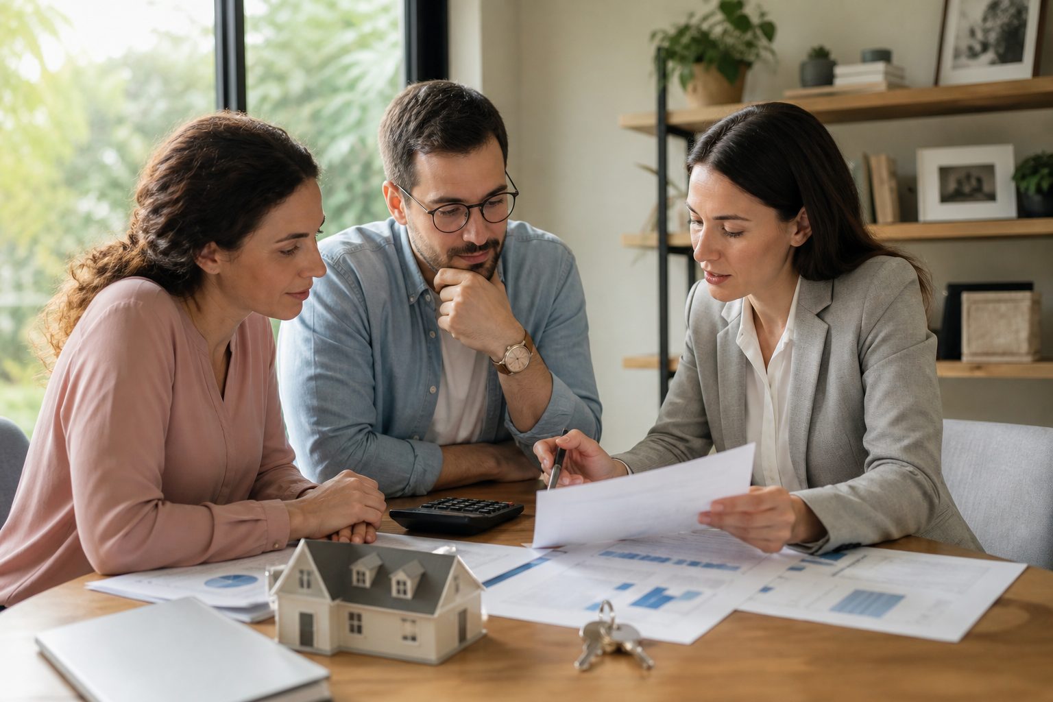 Pareja y asesora revisando las finanzas para comprar una vivienda