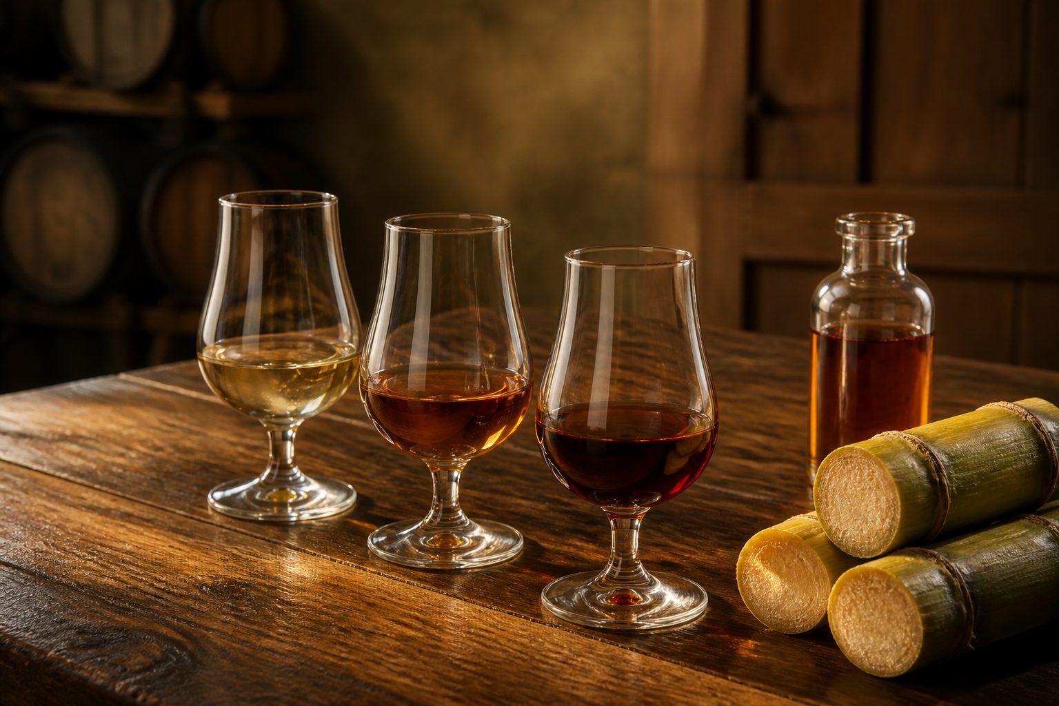 Tres copas de ron de distintos tonos junto a caña de azúcar sobre una mesa de madera