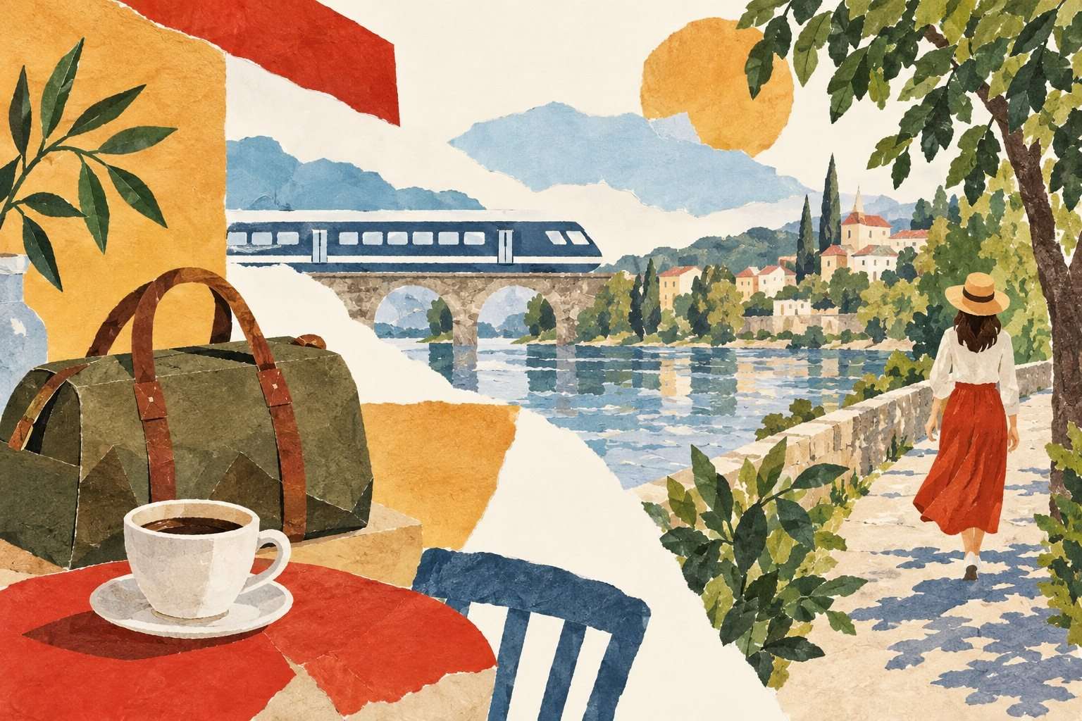 Collage ilustrado de una bolsa de viaje, un tren, una taza y un paseo junto al río.