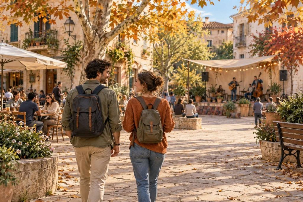 Ilustración de dos viajeros paseando por una plaza con una actuación musical.