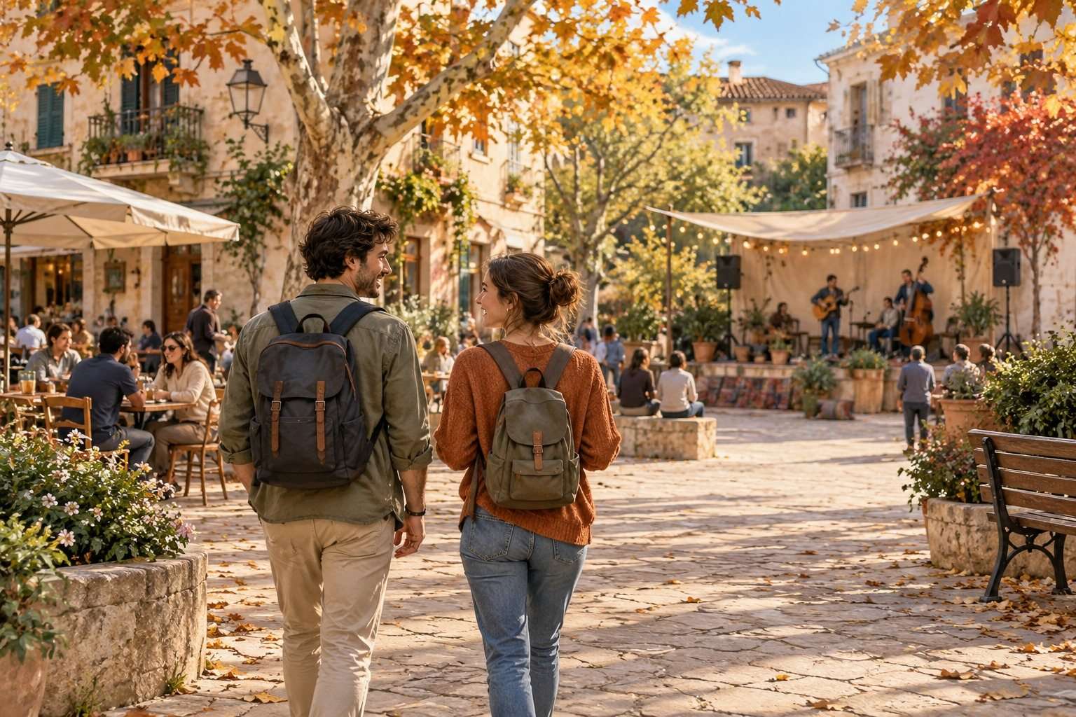 Ilustración de dos viajeros paseando por una plaza con una actuación musical.